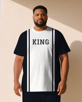 Big & Tall Men Dark Blue & White Chest King Slogan Print Round Neck Short Sleeve T-Shirt Shorts Suit